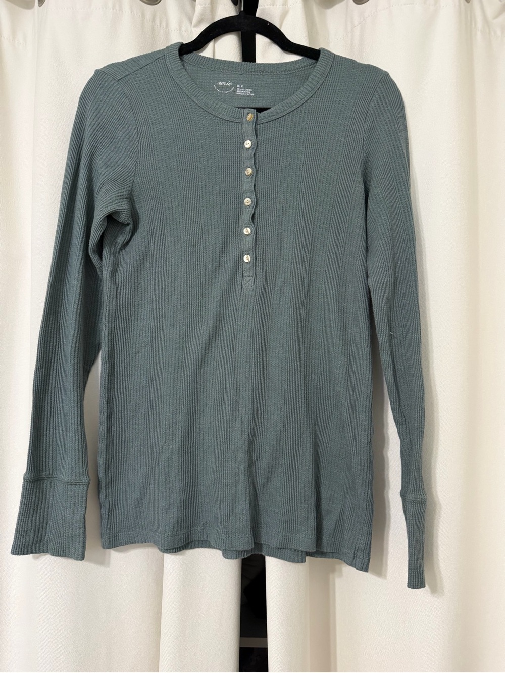 aerie Long Sleeve Waffle Henley in Slate Blue/Green Size M